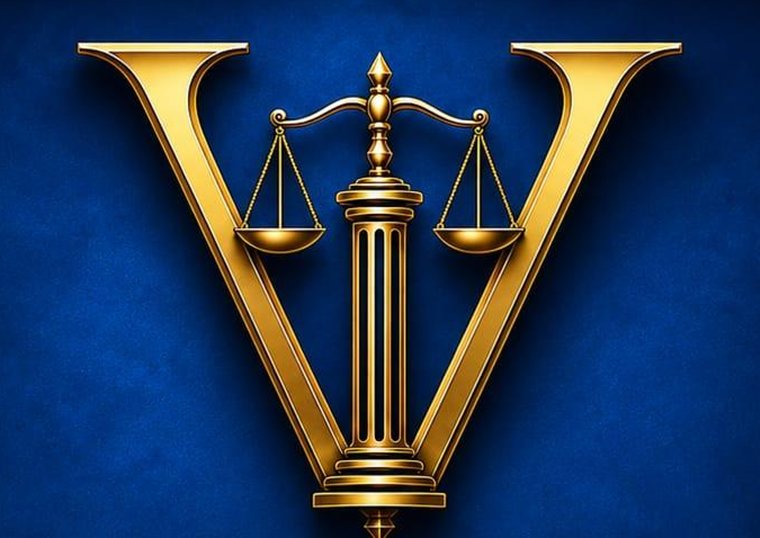 Emblema de Vorkin Legal Group: una V dorada con la balanza de la justicia